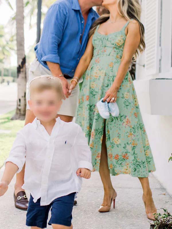 fotobeyou Green Floral Side Slit Ruffle Bow Flowy Back Zipper Photoshoot Baby Shower Maternity Maxi Dress