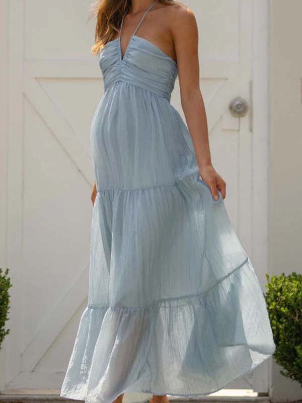 V Neck Spaghetti Strap Maternity Wedding Guest Baby Shower Maxi Dress