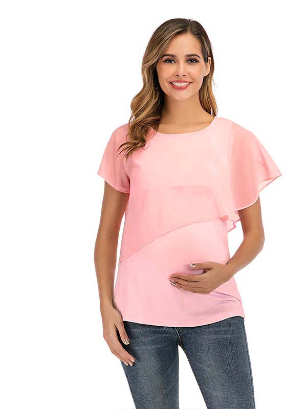 fotobeyou Solid Color Chiffon Ruffle Falbala Round Neck Short Sleeve Breastfeeding T-shirt Basic Going Out Daily Maternity Nursing Top