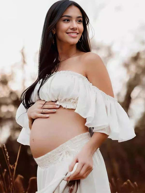 fotobeyou Solid Color Bohemian Off Shoulder Backless Ruffle 2 piece set Photoshoot Maternity Maxi Dress