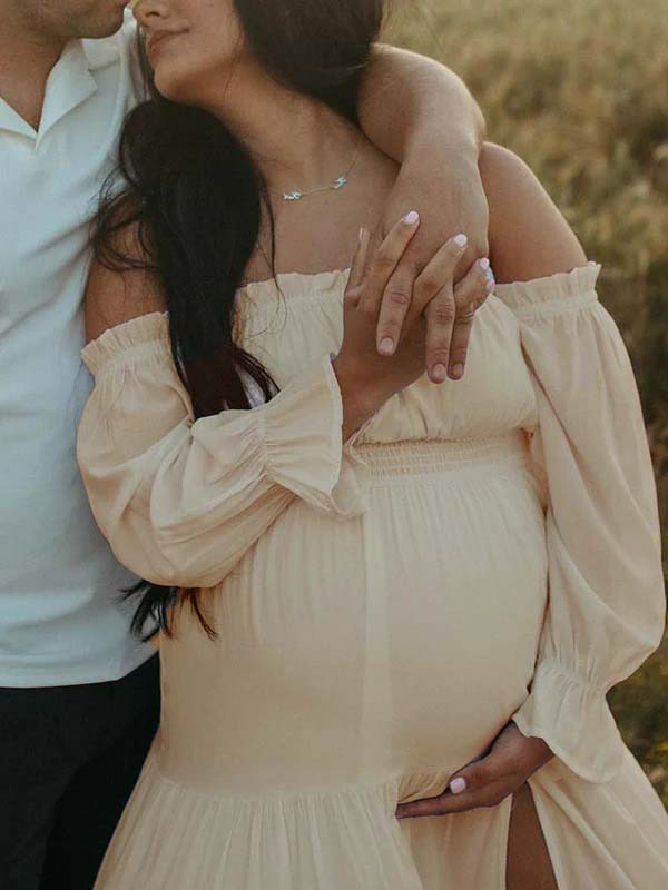 fotobeyou Flowy Off Shoulder Ruffle Falbala Side Slit Big Swing Lantern Sleeve Elegant Holiday Vacation Boho Maternity Photoshoot Baby Shower Maxi Dress