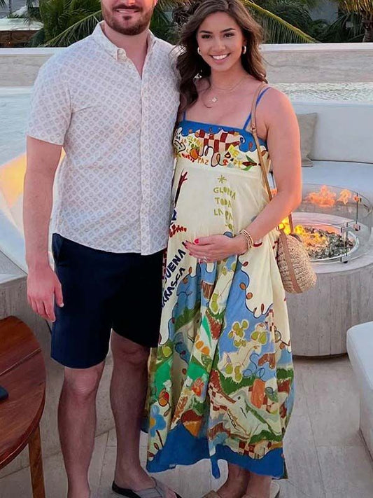 fotobeyou Blue Spaghetti Strap Floral Daily Maternity Maxi Dress