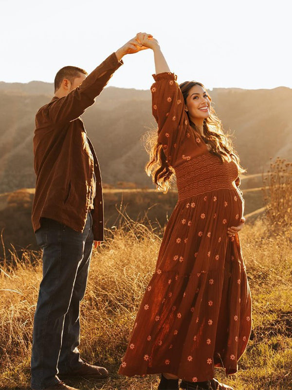 fotobeyou Sun Flowers Square Smocked Neck Puff Sleeve Big Swing Flowy Baby Shower Photoshoot Maternity Maxi Dress