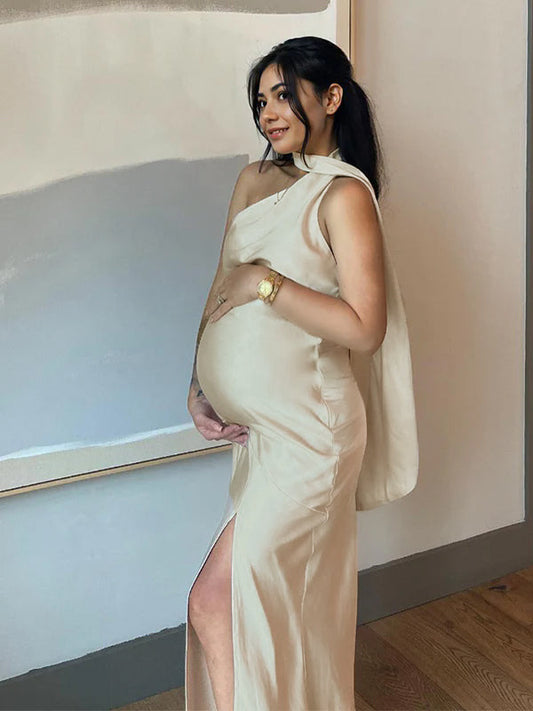 fotobeyou Apricot Satin Backless Halter Neck Irregular Side Slit Mermaid Bodycon Cocktail Party Gowns Baby Shower Maternity Maxi Dress