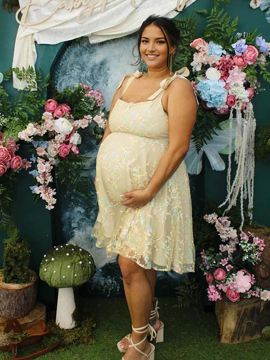 fotobeyou Apricot lace-up Embroidery Stamp Duty Maternity Baby Shower Mini Dress