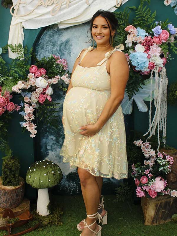 fotobeyou Apricot lace-up Embroidery Stamp Duty Maternity Baby Shower Mini Dress