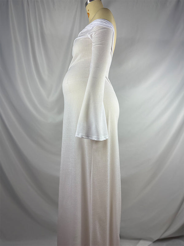 fotobeyou White Off Shoulder Backless Sheer Elegant Fashion Photoshoot Maternity Maxi Dress