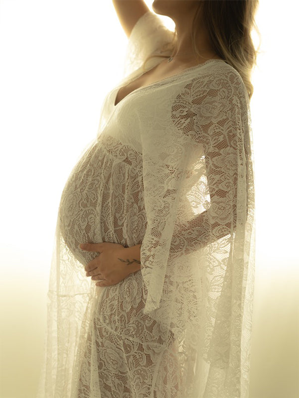 fotobeyou Floral Lace Backless Boho Baby Shower Flare Sleeve Pregnant Maternity Photoshoot Maxi Dress