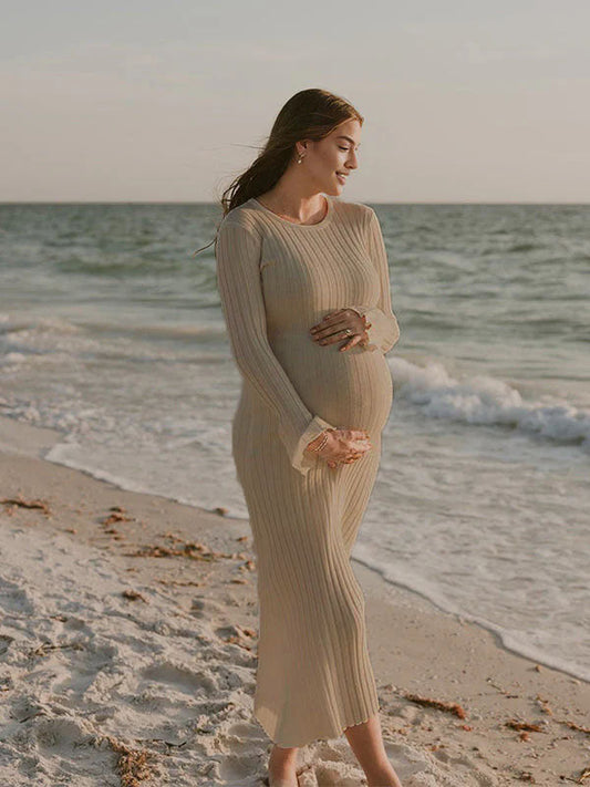 fotobeyou Solid Color Sashes Knit Lace-up High Waist Going Out Photoshoot Maternity Sweater Maxi Dress
