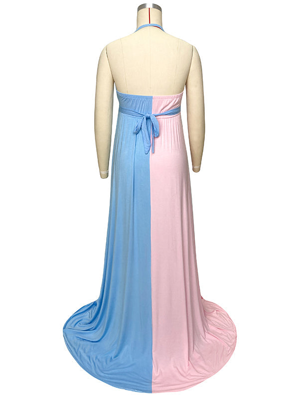 fotobeyou Pink&Blue Lace Backless Side Slit Gender Reveal Cute Maternity Maxi Dress