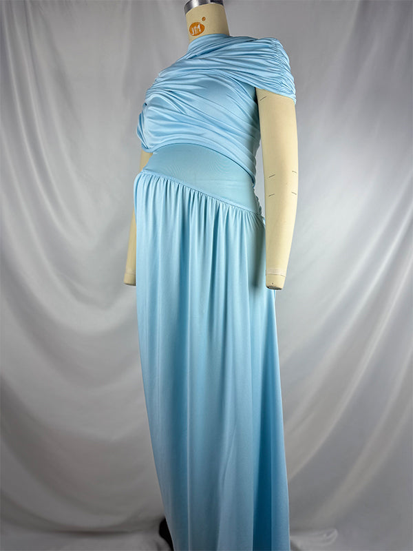 Light Blue Ruched Irregular Neck Baby Shower Maternity Maxi Dress
