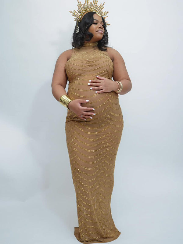 fotobeyou Gold Rhinestone Mesh Sleeveless Backless Photoshoot Bodycon Evening Plus Size Maternity Maxi Dress