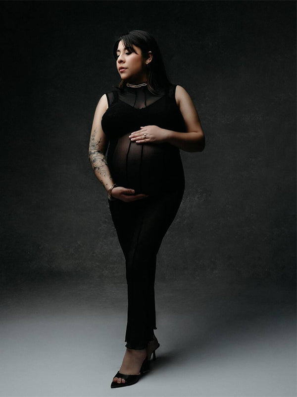 fotobeyou Black Sheer Backless Band Neck Bodycon Club Fashion Elegant Photoshoot Maternity Maxi Dress