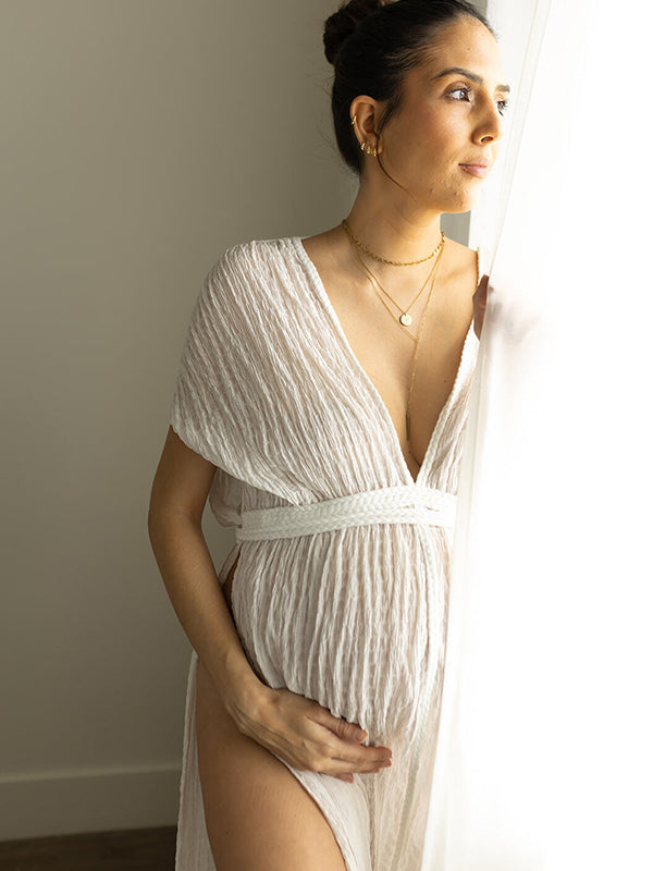 fotobeyou V-Neck Linen Cotton Bohemian Backless Thigh High Side Slits Tassel Vacation Photoshoot Maternity Maxi Dress
