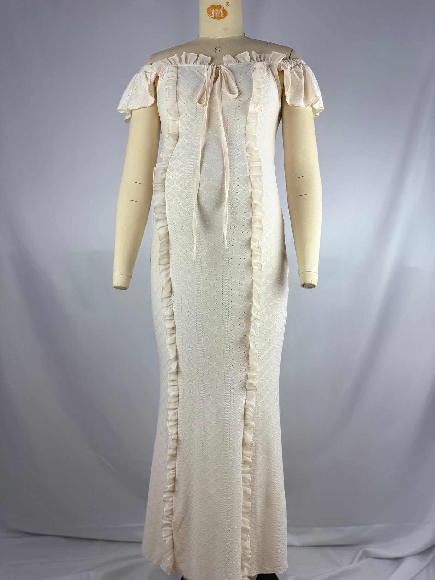 fotobeyou Beige Off Shoulder Lace-up Maternity Photoshoot Maxi Dress