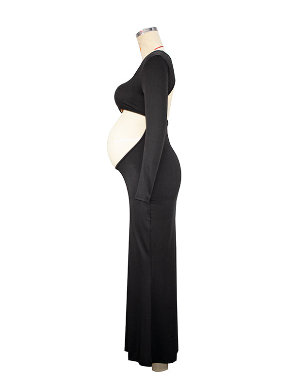 fotobeyou Black Cut Out Mermaid Crop Long Sleeve Backless Bodycon Cocktail Club Party Photoshoot Maternity Maxi Dress