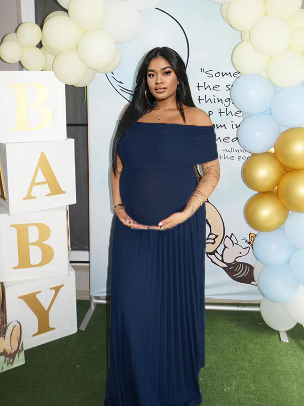 fotobeyou Solid Color Ruched Pleated Off Shoulder Big Swing Elegant Cocktail Party Maternity Photoshoot Baby Shower Maxi Dress
