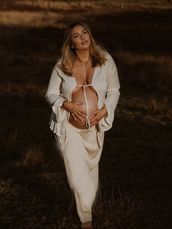 fotobeyou White Bowknot Turndown Collar Two Piece Imitation Satin Vacation Going Out Maternity Photoshoot Shirt