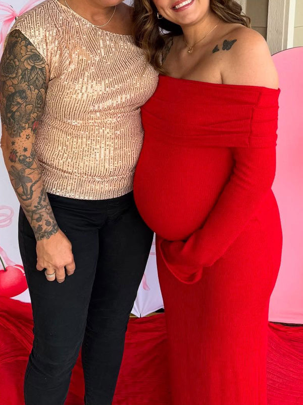 Fotobeyou Red Off Shoulder Open Back Bodycon Maternity Baby Shower Maxi Dress