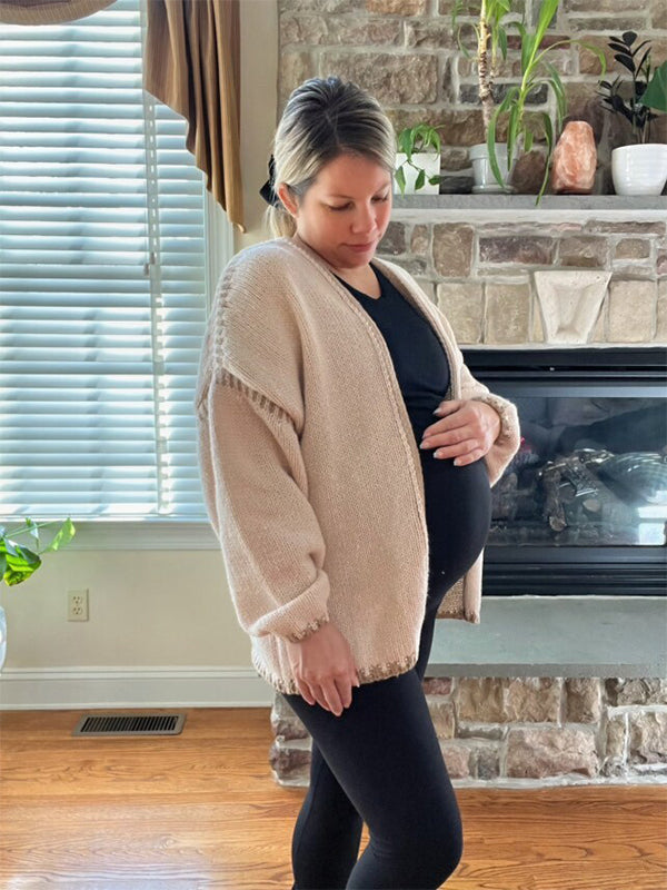 fotobeyou Lines Hit Color Lantern Sleeve Fashion Daily Photoshoot Maternity Sweater Cardigan