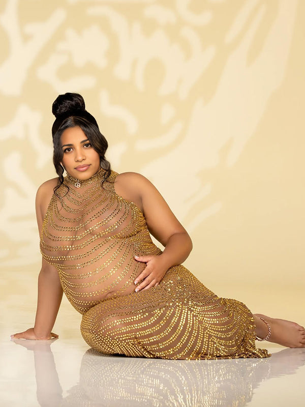 fotobeyou Gold Rhinestone Mesh Sheer Backless Plus Photoshoot Maternity Maxi Dress