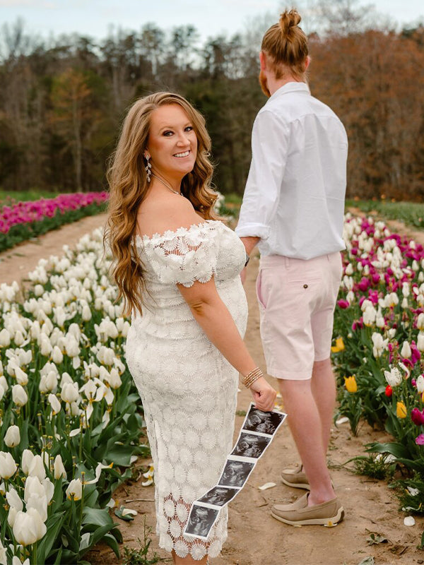 fotobeyou Lace Hollow Out Off Shoulder Puff Sleeve Bodycon Elegant Maternity Baby Shower Midi Dress