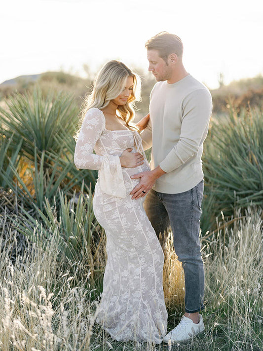 fotobeyou White Lace Corset Square Neck Flare Sleeve Off Shoulder Bodycon Elegant Cocktail Party Maternity Baby Shower Photoshoot Maxi Dress