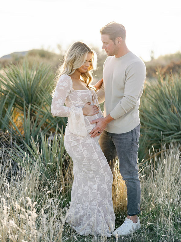 fotobeyou White Lace Corset Square Neck Flare Sleeve Off Shoulder Bodycon Elegant Cocktail Party Maternity Baby Shower Photoshoot Maxi Dress