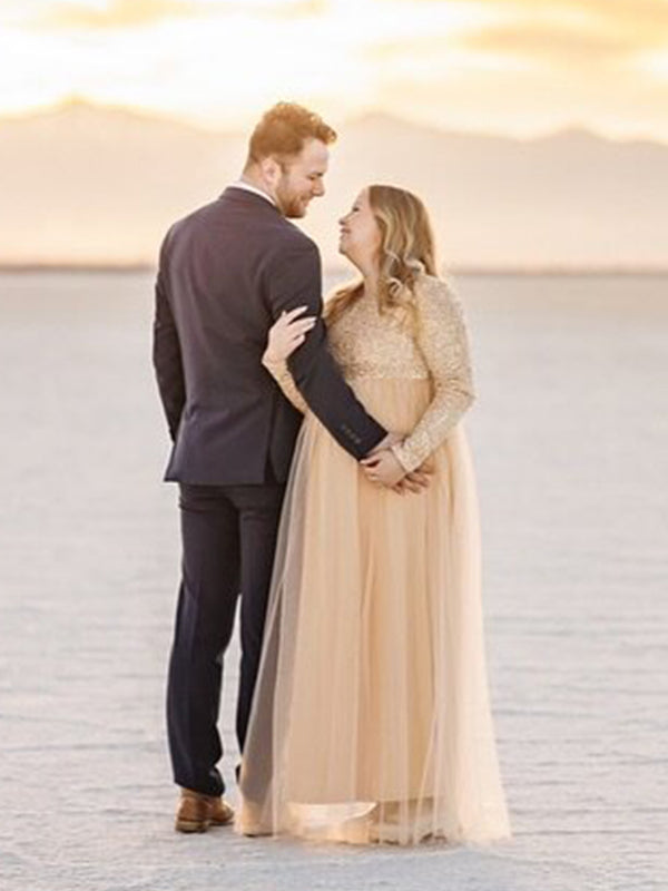 fotobeyou Sequin Tulle Splicing Long Sleeve Party Gown Photoshoot Maternity Baby Shower Maxi Dress