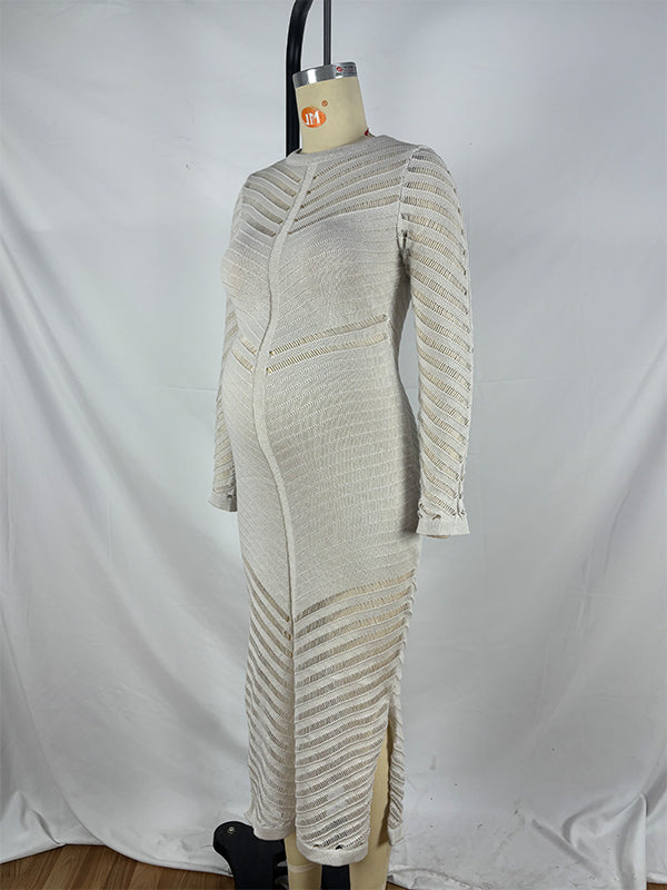 fotobeyou Grey White Striped Cut Out Sheer Bodycon Elegant Photoshoot Baby Shower Maternity Maxi Dress