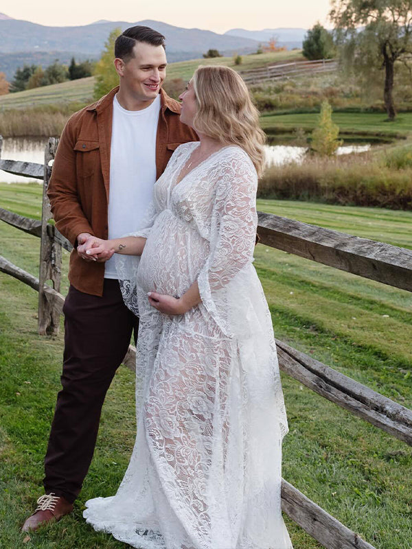 fotobeyou Floral Lace Backless Boho Baby Shower Flare Sleeve Pregnant Maternity Photoshoot Maxi Dress