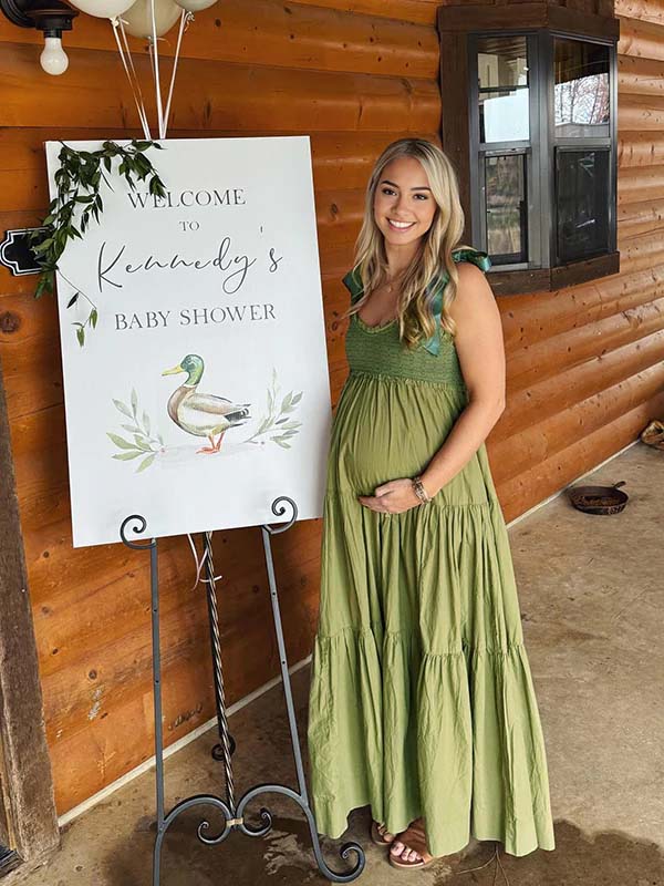 Matcha Smocked Ruffle Tie Flowy Baby Shower Maternity Maxi Dress