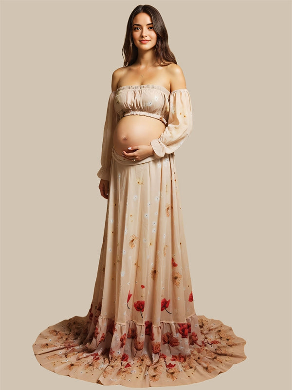 fotobeyou Two Piece Boho Flower Printing Off Shoulder Chiffon Crop Bandeau Photoshoot Maternity Maxi Dress
