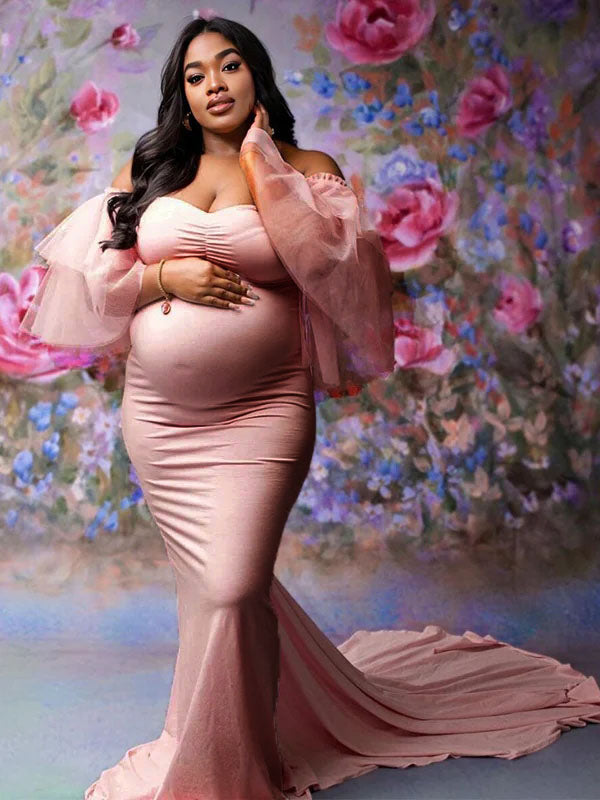 fotobeyou Bandeau Cascading Ruffle Tulle Ruffle Sleeve Mermaid Bodycon Photoshoot Maternity Maxi Dress