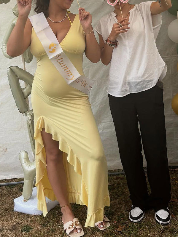fotobeyou Yellow Ruffle Side Slit Flowy V-neck Bodycon Cute Baby Shower Maternity Maxi Dress