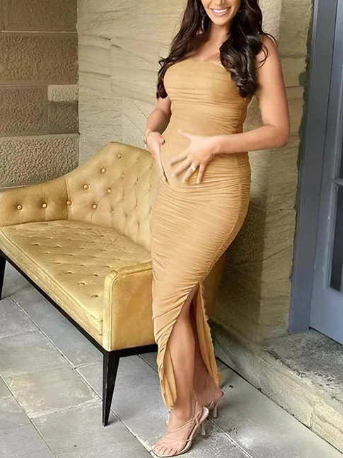 fotobeyou Apricot Ruched Side Slit Bodycon Baby Shower Maternity Dress