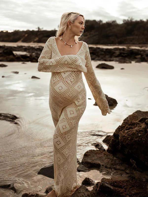 Apricot Cut Out Sheer Knit Photoshoot Maternity Maxi Dress