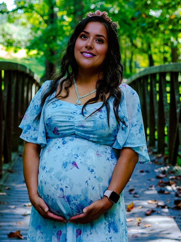 Fotobeyou Ruched Flutter Sleeve Print Maternity Photoshoot Maxi Dress