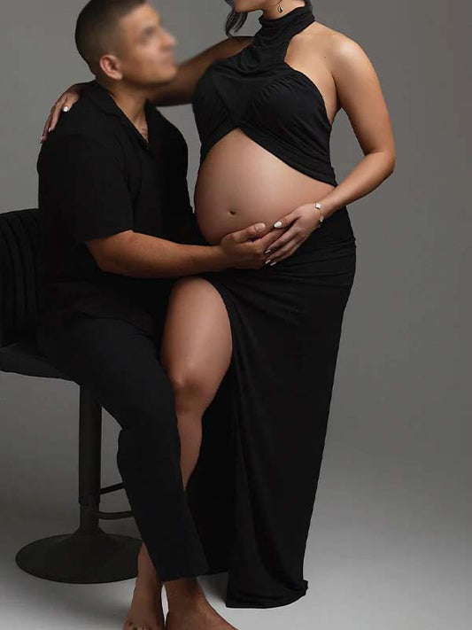 fotobeyou Side Slit Halter Neck Two Piece Maternity Photoshoot Maxi Dress