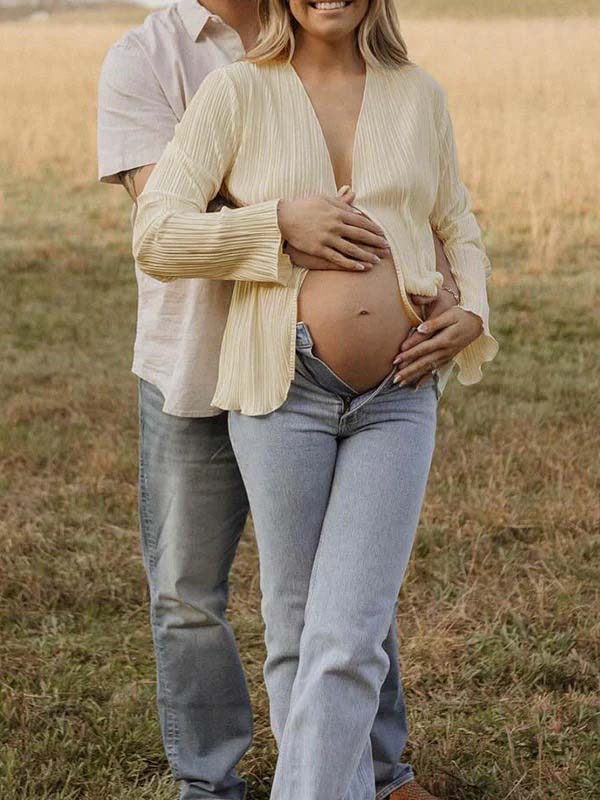 fotobeyou Beige lace-up Flare Sleeve Modern Fashion Maternity Photoshoot Blouse