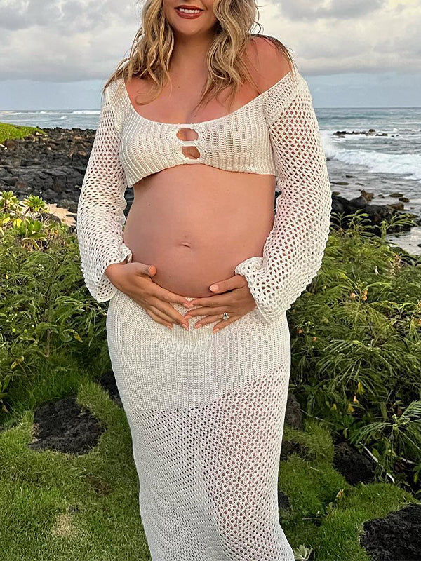 fotobeyou White 2 Piece Crochet Mesh Backless Flare Sleeve Bodycon Vacation Beach Photoshoot Baby Shower Maternity Maxi Dress