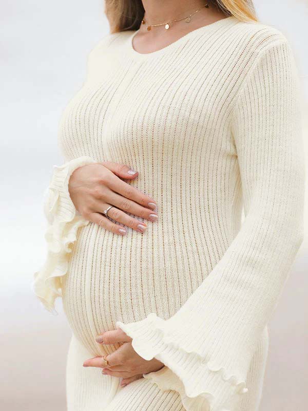 fotobeyou White Knit Pleated Tie Back Ruffle Falbala Frill Hem Backless Big Swing Elegant Cocktail Party Gown Maternity Photoshoot Baby Shower Maxi Dress