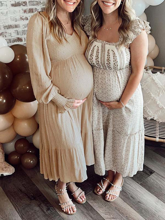 fotobeyou Apricot Smocked Flouncy V neck Daily Going out Baby Shower Maternity Photoshoot Midi Dress