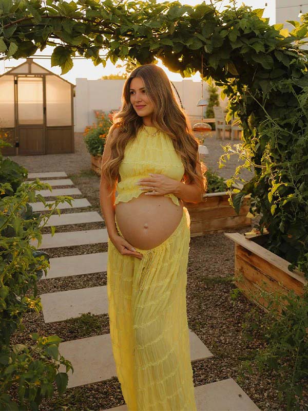 Yellow 2 Pieces Ruched Backless Ruffle Tie Photoshoot Maternity Maxi Dress