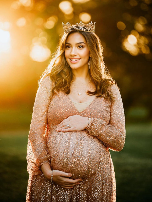 fotobeyou Belly Friendly V-neck Glitter Pleated Belt Boho Evening Photoshoot Babyshower Maternity Maxi Dress