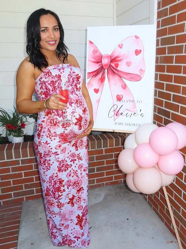 fotobeyou Red Strap Stamp Open Back Side Slit Banquet Baby Shower Maternity Photoshoot Maxi Dress