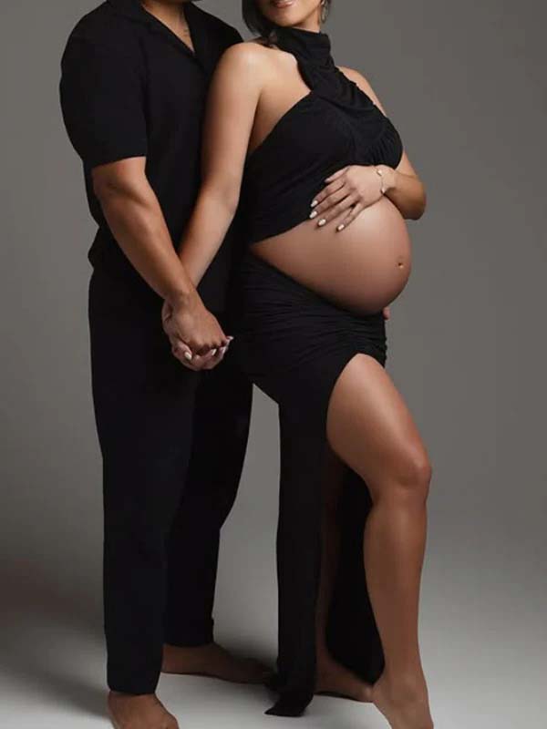 fotobeyou Side Slit Halter Neck Two Piece Maternity Photoshoot Maxi Dress