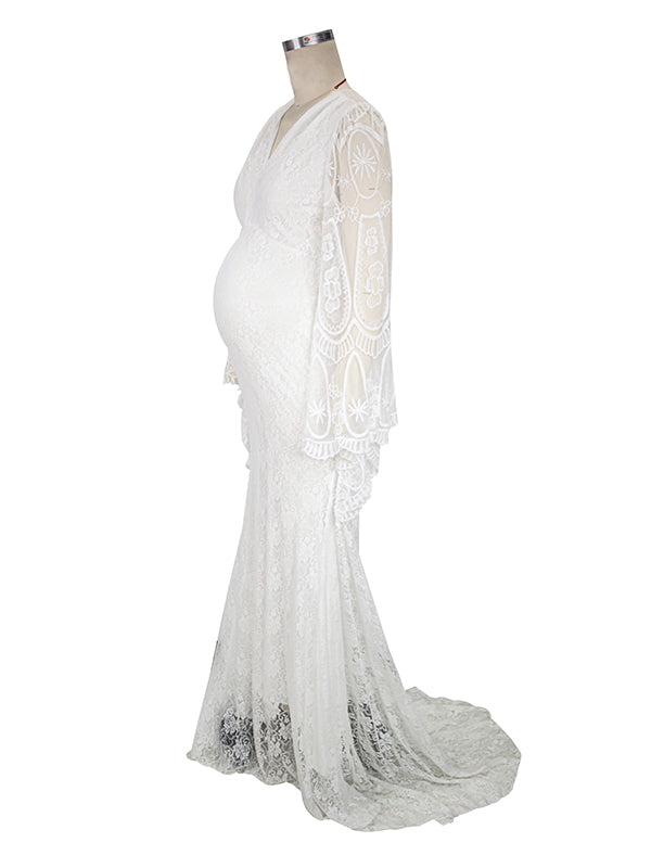 fotobeyou White Lace Trumpet V-Neck Flare Sleeve Bodycon Prom Wedding Gown Photoshoot Maternity Maxi Dress