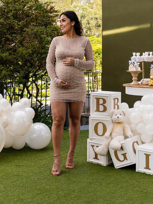 fotobeyou Solid Color Pear Rhinestone Sheer Long Sleeve Fashion Photoshoot Maternity Baby Shower Mini Dress
