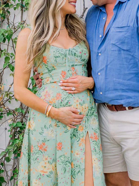fotobeyou Green Floral Side Slit Ruffle Bow Flowy Back Zipper Photoshoot Baby Shower Maternity Maxi Dress